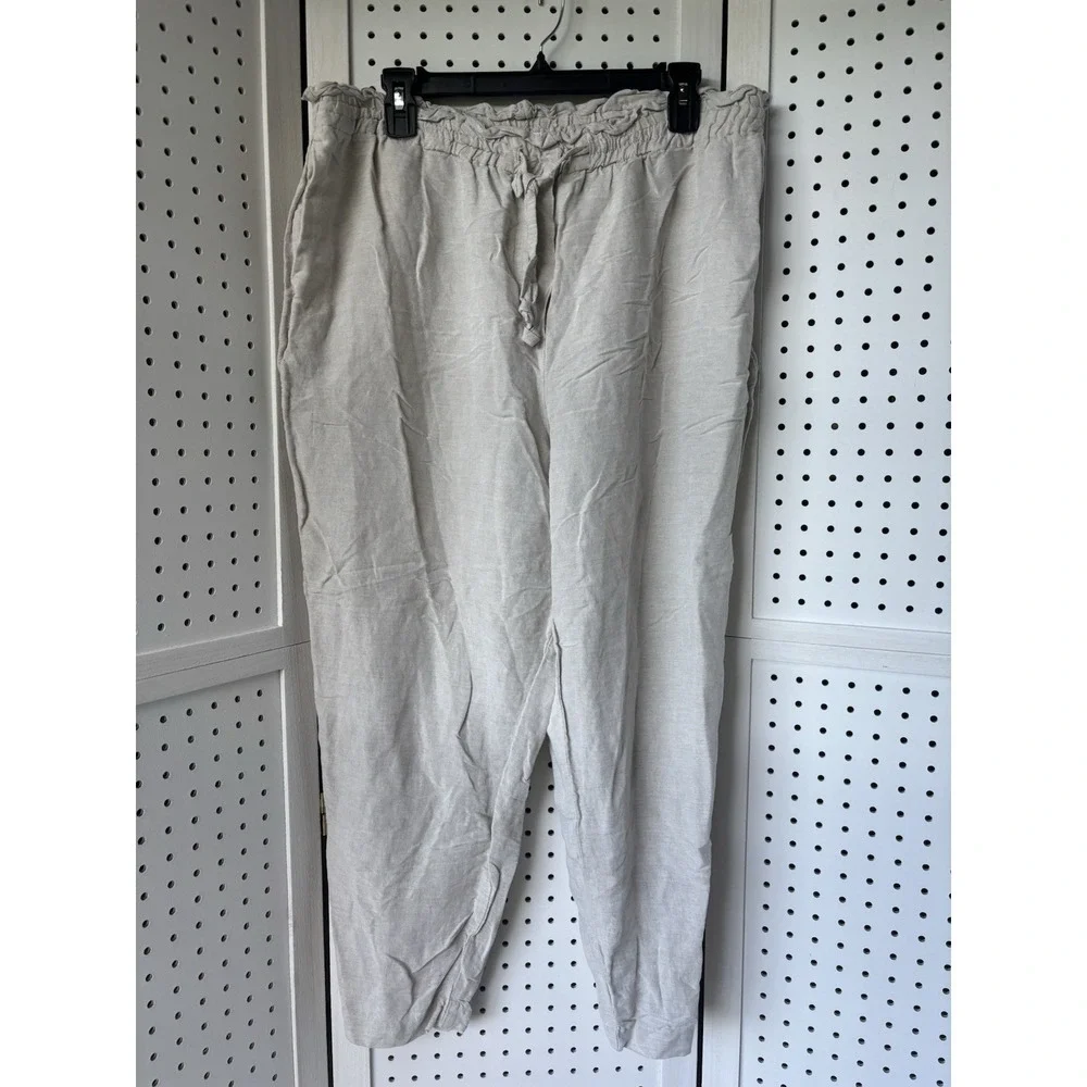 H&M Linen Blend Pull On‎ Casual Pants LIGHT BEIGE Beach Women's XL Tapered Ankle